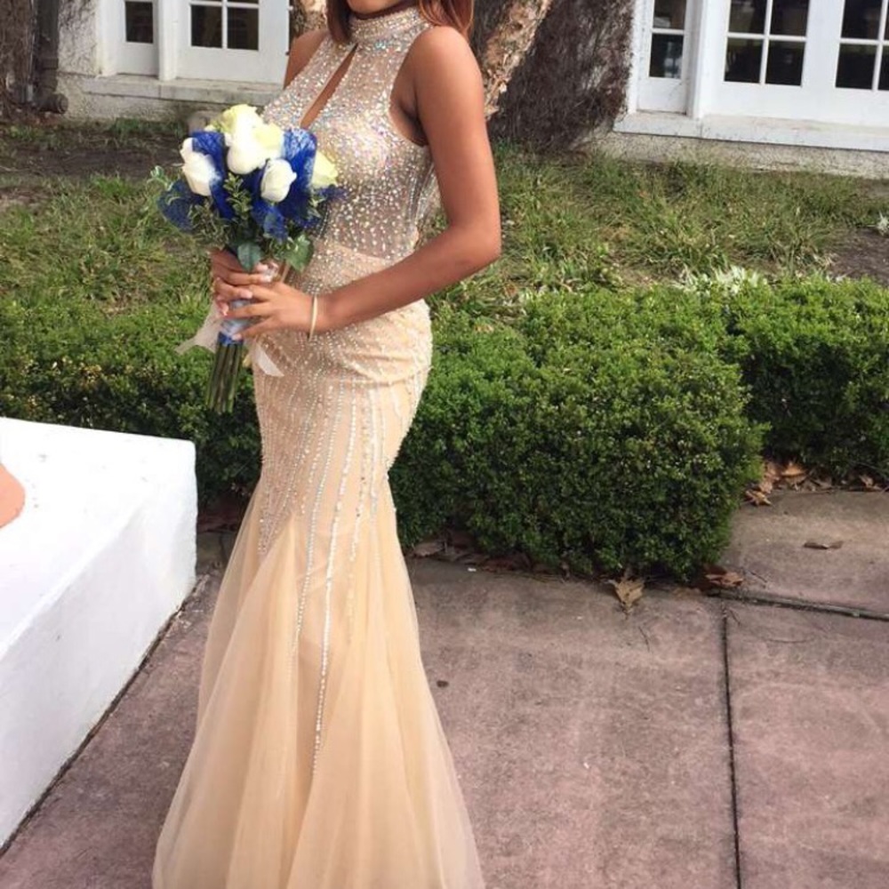 Champagne prom dress Sequined Halter Trumpet Gown - Picture 2 of 4